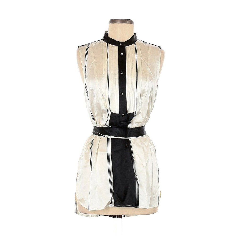 NWT J. Crew Collection Tuxedo-Front Silk Tunic in Ivory Black Stripe Top 8